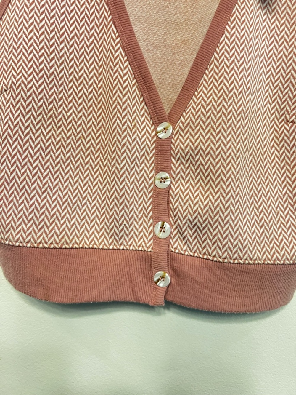meraki Dusty Rose & Cream Herringbone Collared Crop Top V Neck Tank Vest Retro - Picture 3 of 7